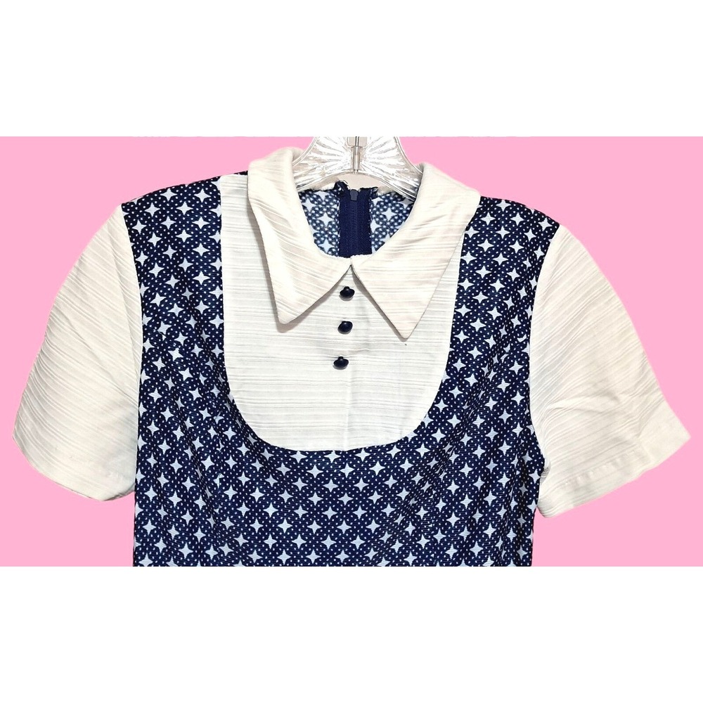 Retro Vintage 70s Geometric Star Tunic Pant Set Womens Small Navy White Mod - Picture 11 of 13